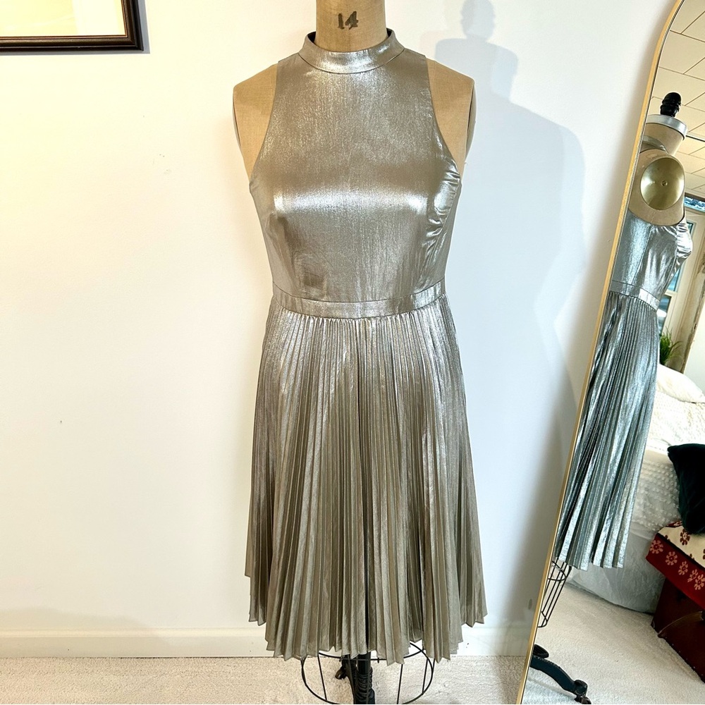Ann Taylor Women’s Glamorous Metallic Sleeveless Pleated Mock Nexk Midi Dress 6